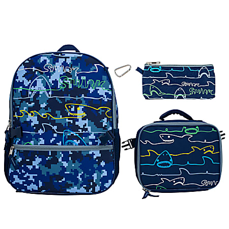 Accessory Innovations Shark Zone 3-Piece Backpack Set With 16” Backpack, Lunch Box, Carabiner And Pencil Case, Blue