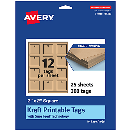 Avery® Printable Tags With Sure Feed® Technology, Print-To-The-Edge, 2"x2", Kraft Brown, Pack Of 300