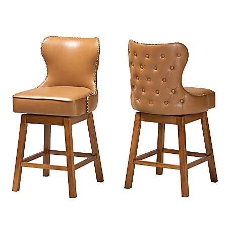 Baxton Studio Gradisca Faux Leather Swivel Counter-Height Stools With Backs, Tan/Walnut Brown, Set Of 2 Stools