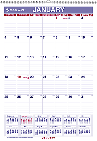 AT-A-GLANCE® Monthly Wall Calendar, 12" x 17", 30% Recycled, Blue/Red, January to December 2016