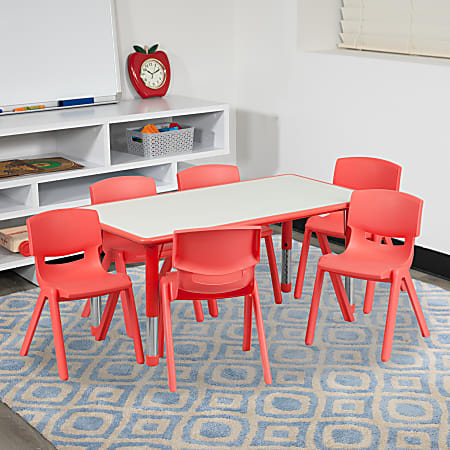 Flash Furniture Plastic Height-Adjustable Activity Table with 6 Chairs, 23-1/2"H x 23-5/8''W x 47-1/4''D, Red