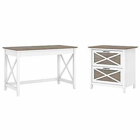 Bush Furniture Key West 48"W Writing Desk With 2-Drawer Lateral File Cabinet, Shiplap Gray/Pure White, Standard Delivery