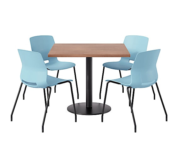 KFI Studios Proof Cafe Pedestal Table With Imme Chairs, Square, 29”H x 42”W x 42”W, River Cherry Top/Black Base/Sky Blue Chairs