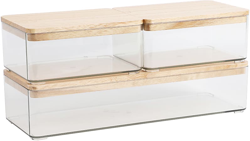 Martha Stewart Grady Stackable Plastic Storage Boxes with Lids, 2-1/2"H x 11"W x 4"D, Clear/Light Natural, Set Of 3 Boxes