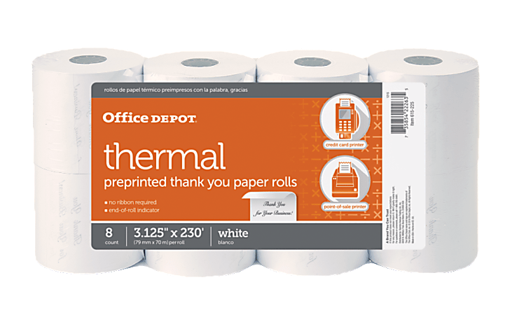 Office Depot® Brand Thermal Preprinted "Thank You" Paper Rolls, 3-1/8" x 230', White, Pack Of 8