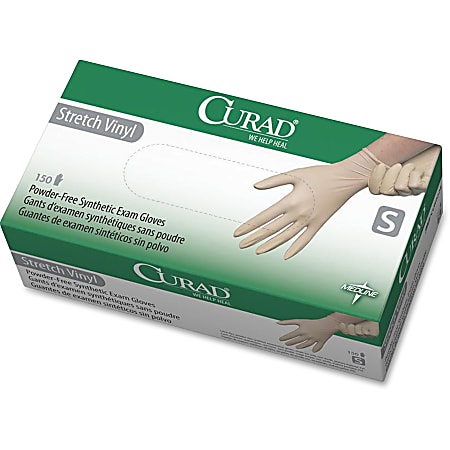 Medline Powder-free Stretch Vinyl Exam Gloves - Small Size - Vinyl - Cream - Stretchable, Powder-free, Latex-free, Non-sterile, Beaded Cuff - For Multipurpose - 150 / Box - 9.50" Glove Length