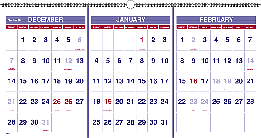 AT-A-GLANCE® 3-Month Wall Calendar, 23 1/2" x 12", 30% Recycled, December 2015–February 2017