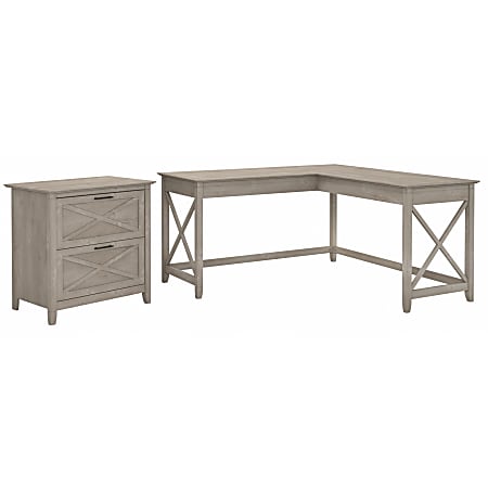 Bush Business Furniture Key West 60"W L-Shaped Corner Desk With Lateral File Cabinet, Washed Gray, Standard Delivery