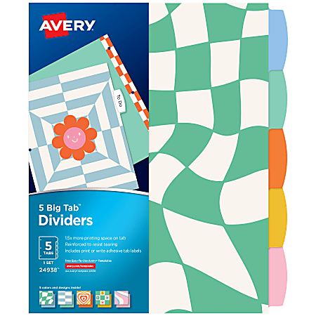 Avery® Big Tab™ Reversible Fashion Dividers, 8-1/2" x 11", Retro Pattern, Pack Of 5 Dividers