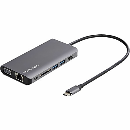 StarTech.com USB-C Multiport Adapter - HDMI or VGA - Attached 30 cm Host Cable - 1x USB-C and 2x USB-A - 100W PD includes PD Passthrough - SD Card Reader - USB Type-C Mini Dock (DKT30CHVAUSP)