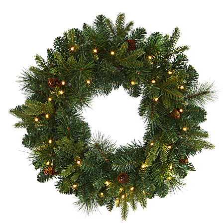 Nearly Natural 24”H Mixed Pine Artificial Christmas Wreath With 35 LED Lights And Pine Cones, 24” x 4”, Green