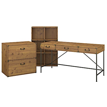 kathy ireland® Home by Bush Furniture Ironworks 60"W Writing Desk with 6 Cube Organizer and Lateral File Cabinet, Vintage Golden Pine, Standard Delivery