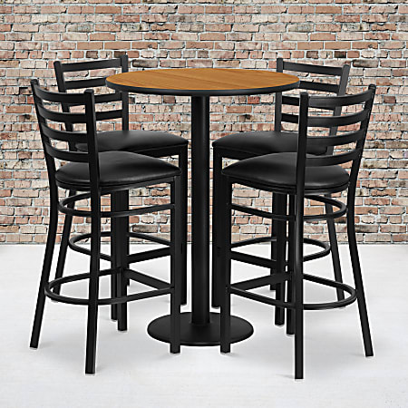 Flash Furniture Round Table And 4 Ladder-Back Bar Stools, 42”H x 30”W x 30”D, Natural/Black
