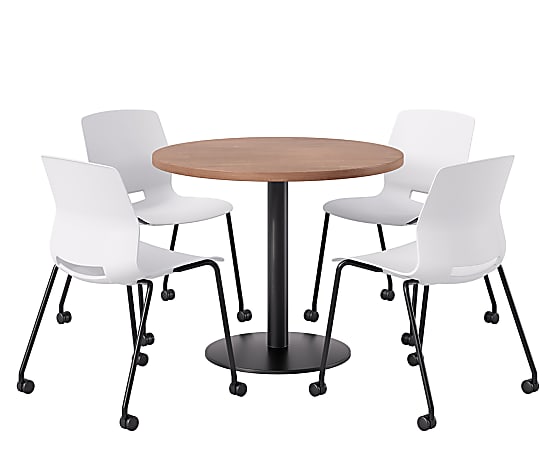 KFI Studios Proof Cafe Round Pedestal Table With Imme Caster Chairs, Includes 4 Chairs, 29”H x 36”W x 36”D, River Cherry Top/Black Base/White Chairs