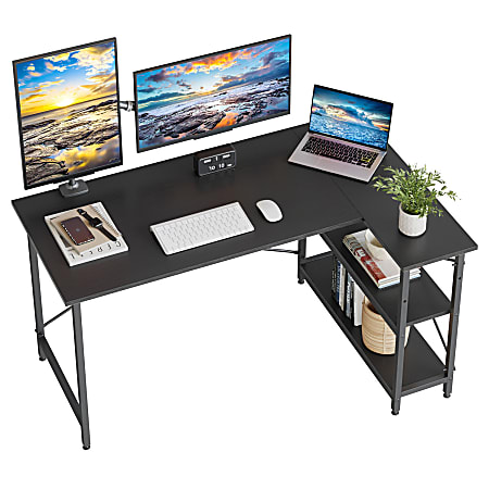Bestier L Shaped Corner Desk With Storage Shelf 56 W Grained Black Office Depot