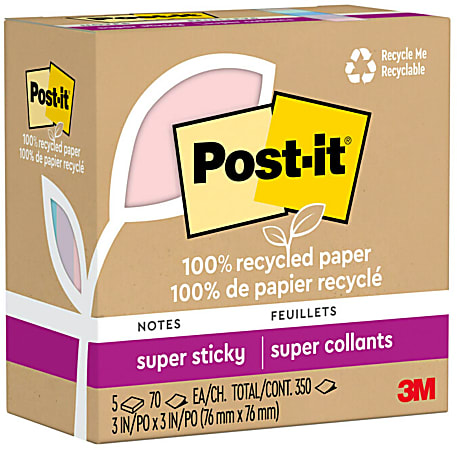 Post-it&reg; 100% Recycled Paper Super Sticky Notes, 3 x 3 in, 5 Sticky Note Pads, 70 Sheets/Pad, School Supplies and Office Products, Wanderlust Pastels