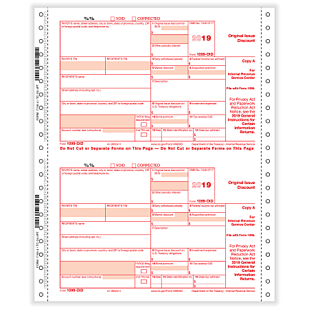 ComplyRight™ 1099-OID Tax Forms, Continuous, Copies A, State, B And C, 4-Part, 9" x 11", Pack Of 100 Forms