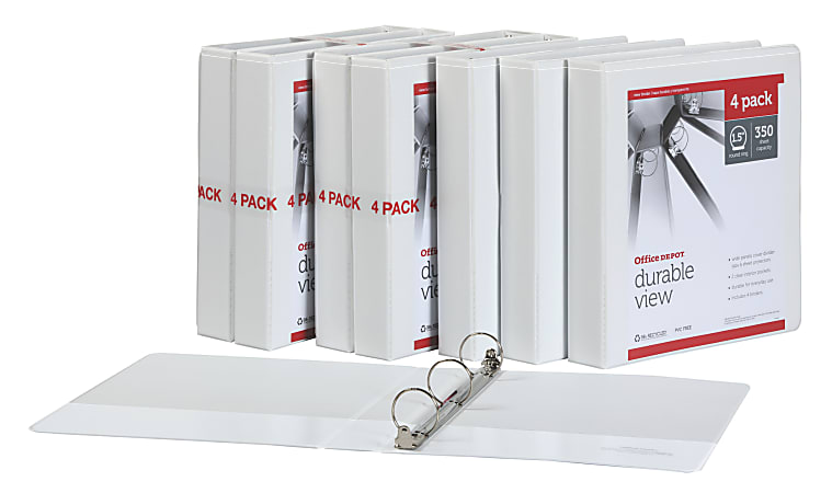 Office Depot® Brand Durable Round-Ring View Binders, 1-1/2", White, Pack Of 12 Binders