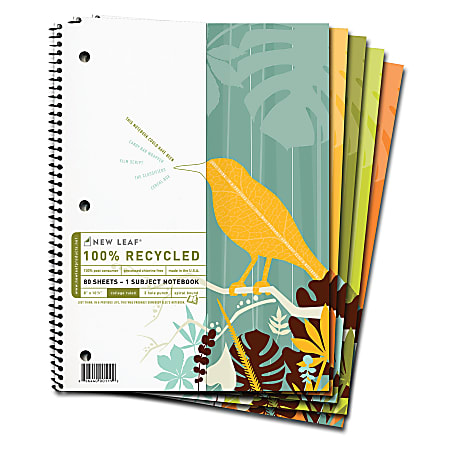 New Leaf® Think & Smile 100% Recycled Notebook, 8" x 10 1/2", 1 Subject, College Ruled, 80 Sheets, Assorted Colors (No Color Choice)