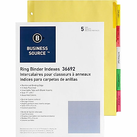 Business Source Insertable Tab Ring Binder Indexes, 8-1/2" x 11", Multicolor, Set of 5