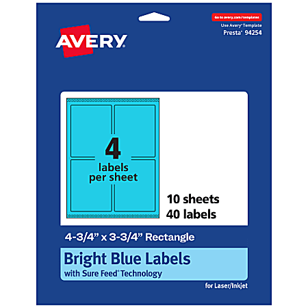 Avery® Print-To-The-Edge Labels With Sure Feed® Technology And Easy Peel®, 94254-BBP10, Rectangle, 4-3/4" x 3-3/4", Matte Bright Blue, Pack of 40