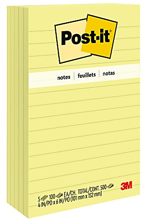 Post-it Notes, 4 in x 6 in, 5 Pads, 100 Sheets/Pad, Clean Removal, Canary Yellow, Lined