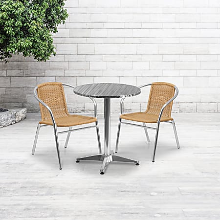 Flash Furniture Round Aluminum Table With 2 Rattan Chairs, 27-1/2" x 23-1/2", Beige