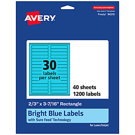 Avery® Printable Labels With Sure Feed® Technology, 94210-BBP40, Rectangle, 2/3" x 3-7/16", Matte Bright Blue, Pack of 1200