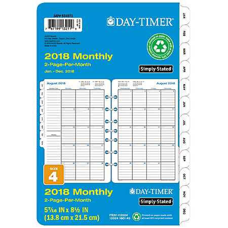 Day-Timer® Classic 2-Pages-Per-Month Planner Refill, Size 4, 8 1/2" x 5 1/2", Blue/White, January to December 2018 (120241801)