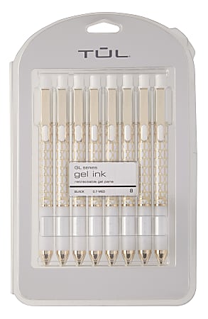 TUL® GL Series Retractable Gel Pens, Medium Point, 0.7 mm, White Geometric Barrel, Black Ink, Pack Of 8 Pens