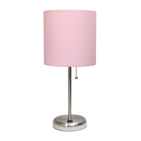 LimeLights Stick Lamp With USB Port, 19-1/2"H, Light Pink Shade/Brushed Steel Base