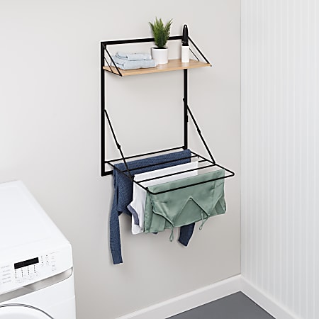 Honey Can Do Wall Mounted Drying Rack With Shelf, 31”H x 20”W x 24”D, Black/Maple