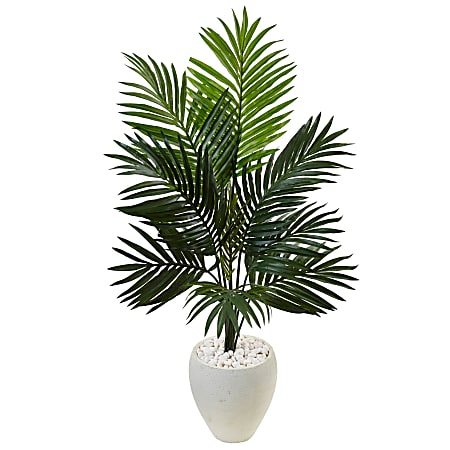 Nearly Natural 4-1/2'H Polyester Artificial Kentia Palm Tree in Oval Planter, Green/White