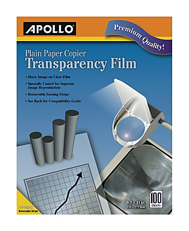 Apollo® Plain Paper Copier Transparency Film, Black On Clear With Strip, Box Of 100 Sheets