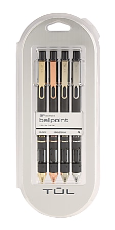 TUL® Retractable Ballpoint Pens, Mixed Metals, Medium Point, 1.0 mm, Black Barrel, Black Ink, Pack Of 4 Pens