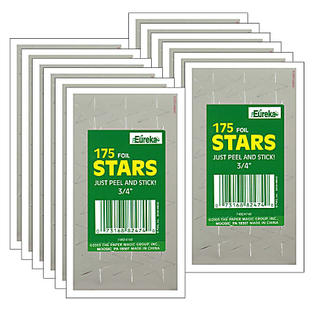 Eureka Presto-Stick Foil Star Stickers, 3/4", Silver, 175 Stickers Per Pack, Set Of 12 Packs
