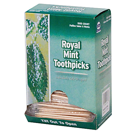 Royal® Mint Cello-Wrapped Round Wood Toothpicks, 2 1/2", Natural, 1,000 Toothpicks Per Box, Carton Of 15 Boxes