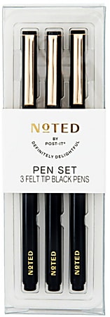 Noted by Post-it® Felt Tip Pens, Fine Point, 0.5 mm, Black Barrels, Black Ink, Pack Of 3 Pens