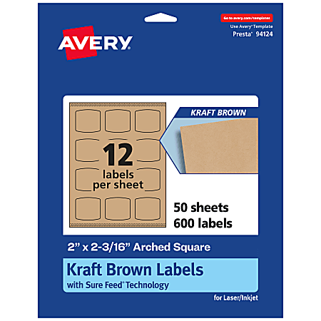 Avery® Kraft Permanent Labels With Sure Feed®, 94124-KMP50, Arched Square, 2" x 2-3/16", Brown, Pack Of 600