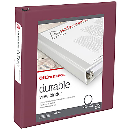Office Depot® 3-Ring Durable View Binder, 1-1/2" Round Ring, Berry Plum