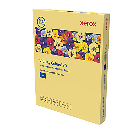 Xerox® Vitality Colors®20 Multipurpose Pastel Printer Paper, 1 Ream, 300 Sheets Per Ream, Yellow, Letter Size, 20 lb., 30% Recycled