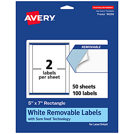 Avery&reg; Removable Labels With Sure Feed&reg;, 94258-RMP50, Rectangle, 5" x 7", White, Pack Of 100 Labels