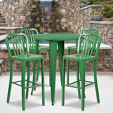 Flash Furniture Commercial-Grade Round Metal Indoor-Outdoor Bar Table Set With 4 Vertical Slat-Back Stools, 41"H x 30"W x 30"D, Green