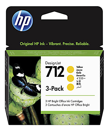 HP 712 DesignJet Yellow Ink Cartridges, Pack Of 3, 3ED69A
