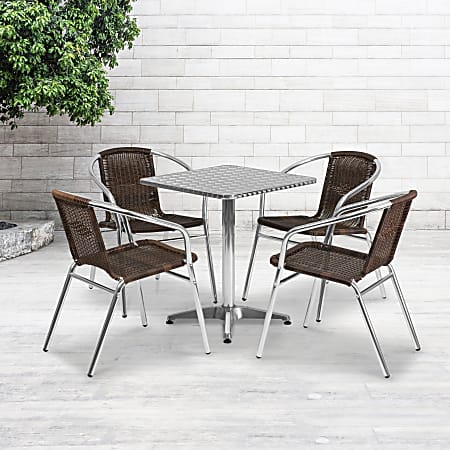 Flash Furniture Lila 5-Piece 23-1/2'' Square Aluminum Indoor/Outdoor Table Set With Rattan Chairs, Dark Brown