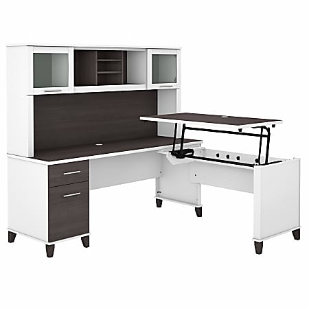 Bush® Furniture Somerset 72"W 3-Position Sit-to-Stand L-Shaped Desk With Hutch, Storm Gray/White, Standard Delivery