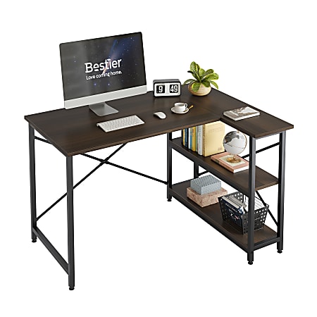 Bestier L-Shaped Corner Desk With Storage Shelf, 48"W, Dark Walnut