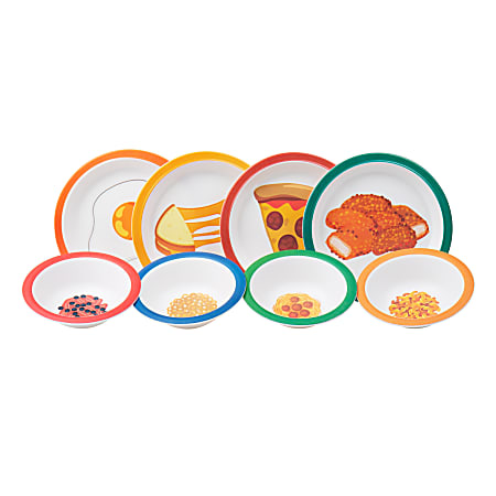 Mind Reader Kids' Bon Appetit 8-Piece Melamine Plate And Bowl Set, 1"H x 8-1/4"L x 8-1/4"L, Assorted Colors