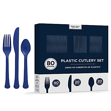 Amscan 8016 Solid Heavyweight Plastic Cutlery Assortments, True Navy, 80 Pieces Per Pack, Set Of 2 Packs