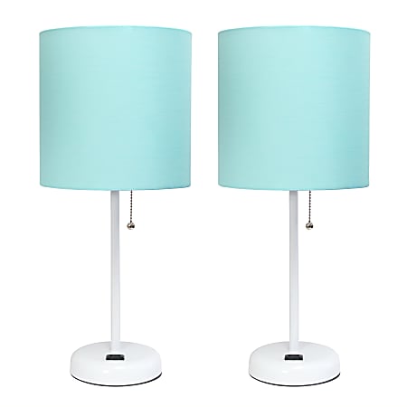 LimeLights Stick Desktop Lamps With Charging Outlets, 19-1/2", Aqua Shade/White Base, Set Of 2 Lamps